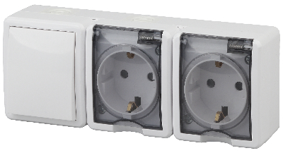 Блок две розетки+выключатель IP54, 16A(10AX)-250В, ОУ, Эра Эксперт, белый, 11-7403-01