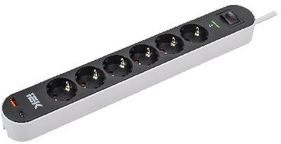 Фильтр сетевой СФ-06К 16А USB A+C 20Вт 3м 3х1,5мм2 черный IEK