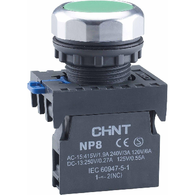 Кнопка NP8-10BN/3 без подсветки, с самовозвратом, зеленая, 1НО, IP65 (R)