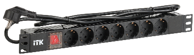 ITK PDU 7 розеток нем. стандарт, с LED выключателем,1U, шнур 2м вилка нем. стандарт, алюминиевый профиль